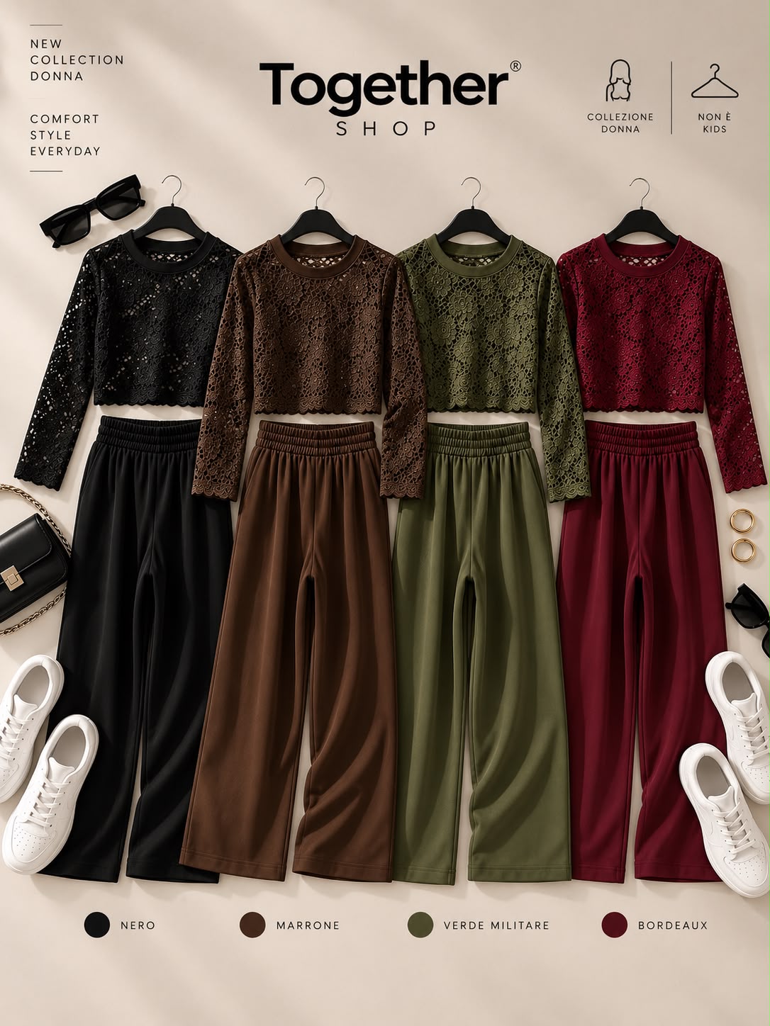 Completo Donna Crop Top in Pizzo e Pantalone Palazzo | 3 Varianti di Colore