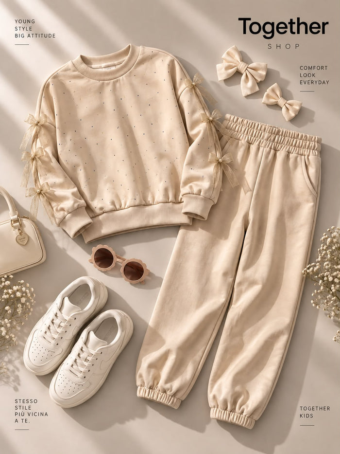Tuta Bambina Panna con Fiocchi e Strass