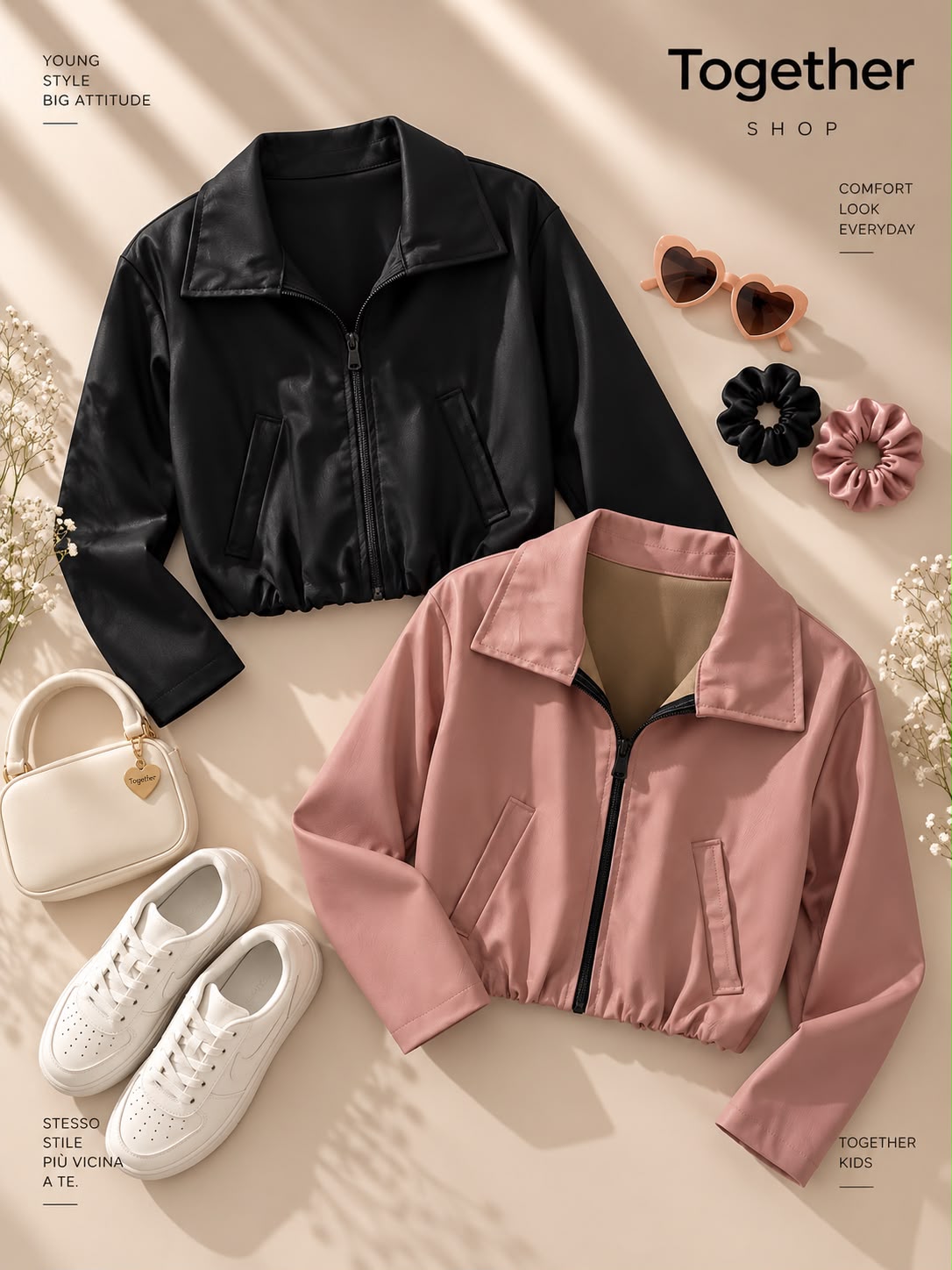 Giacca Crop Bambina con Zip – Nera o Rosa