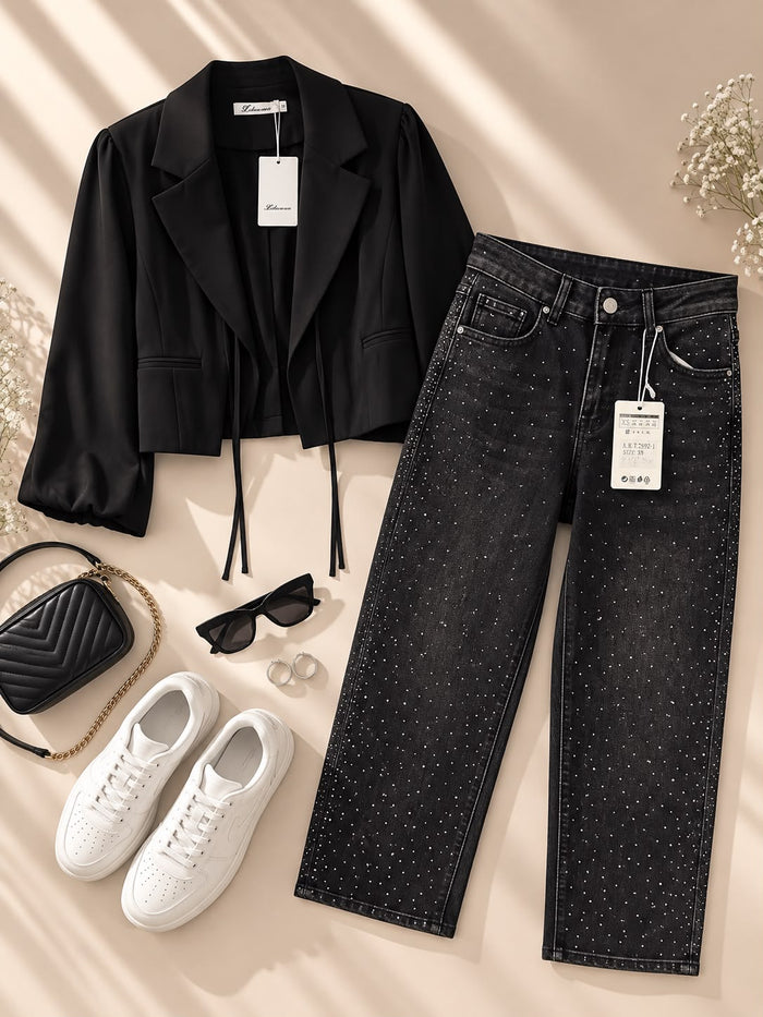 Blazer Crop Donna Nero con Maniche a Palloncino + Jeans Donna Nero con Strass Gamba Ampia