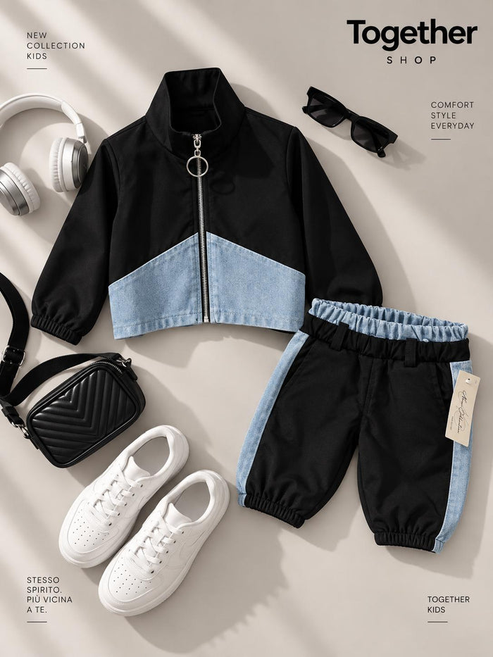 Completo Bambina Nero e Denim con Giacca e Pantalone
