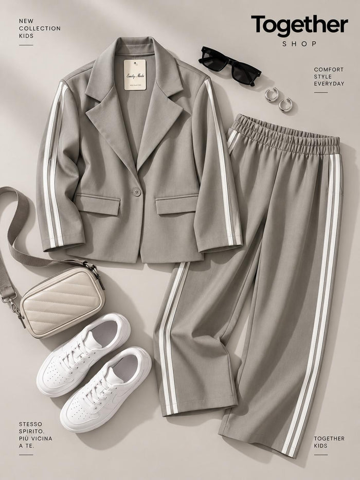 Completo Donna Grigio con Blazer e Pantalone a Bande Bianche