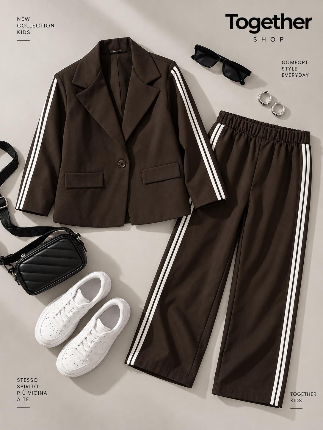 Completo Donna Marrone con Blazer e Pantalone a Bande Bianche