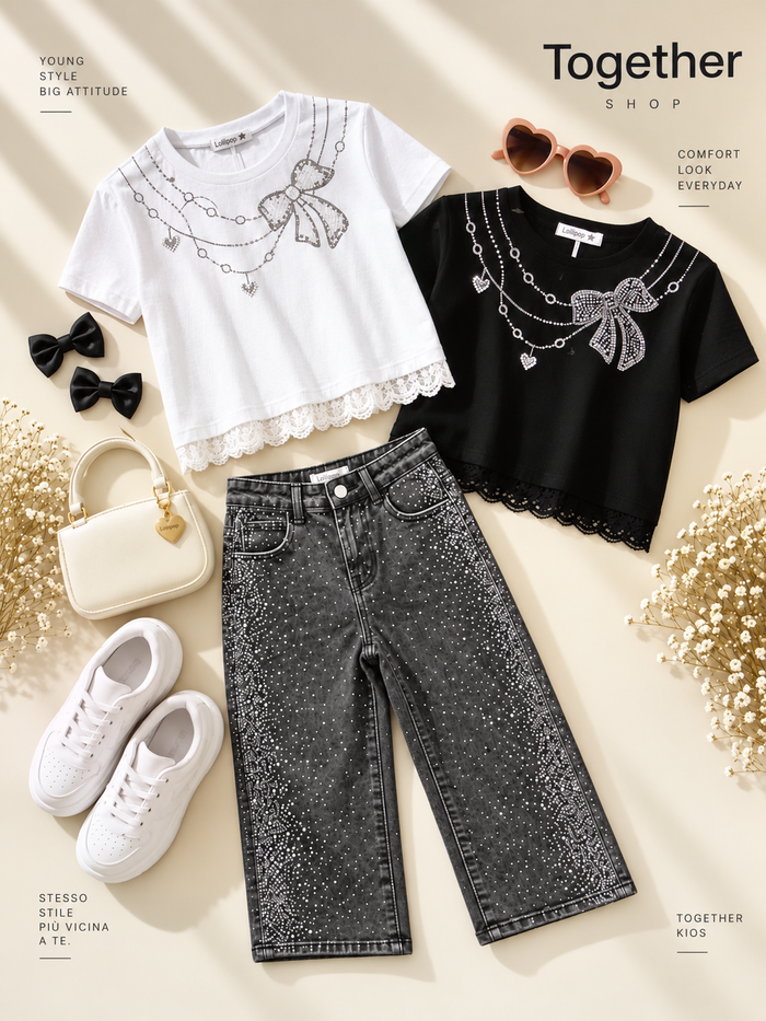 T-Shirt Bambina con Fiocco Gioiello e Strass – Bianca o Nera + Jeans Bambina Grigio con Strass Gamba Ampia