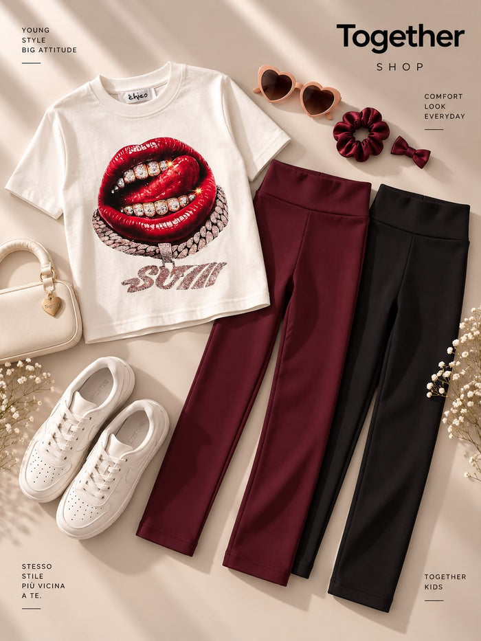 T-Shirt Bambina Bianca con Stampa Labbra e Strass + Leggings Bambina a Vita Alta – Nero e Bordeaux
