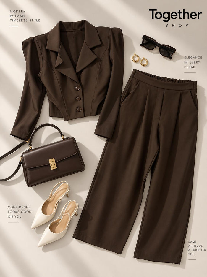 Completo Donna Marrone Cioccolato con Blazer e Pantalone Palazzo