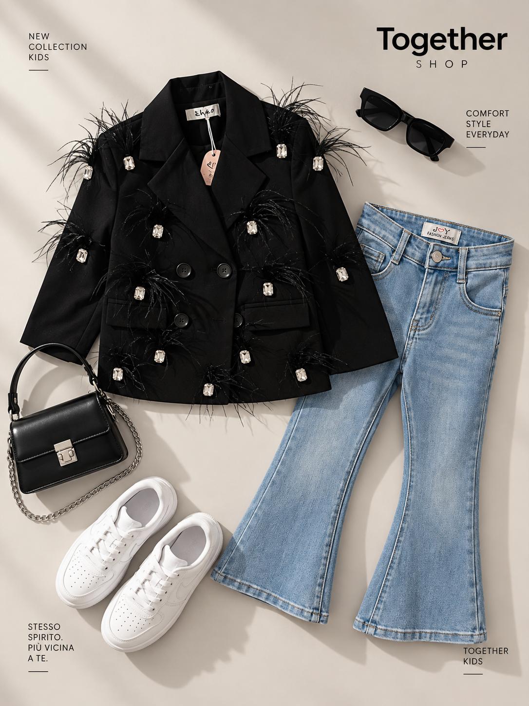 Outfit Bambina Blazer Nero con Piume e Jeans Flare
