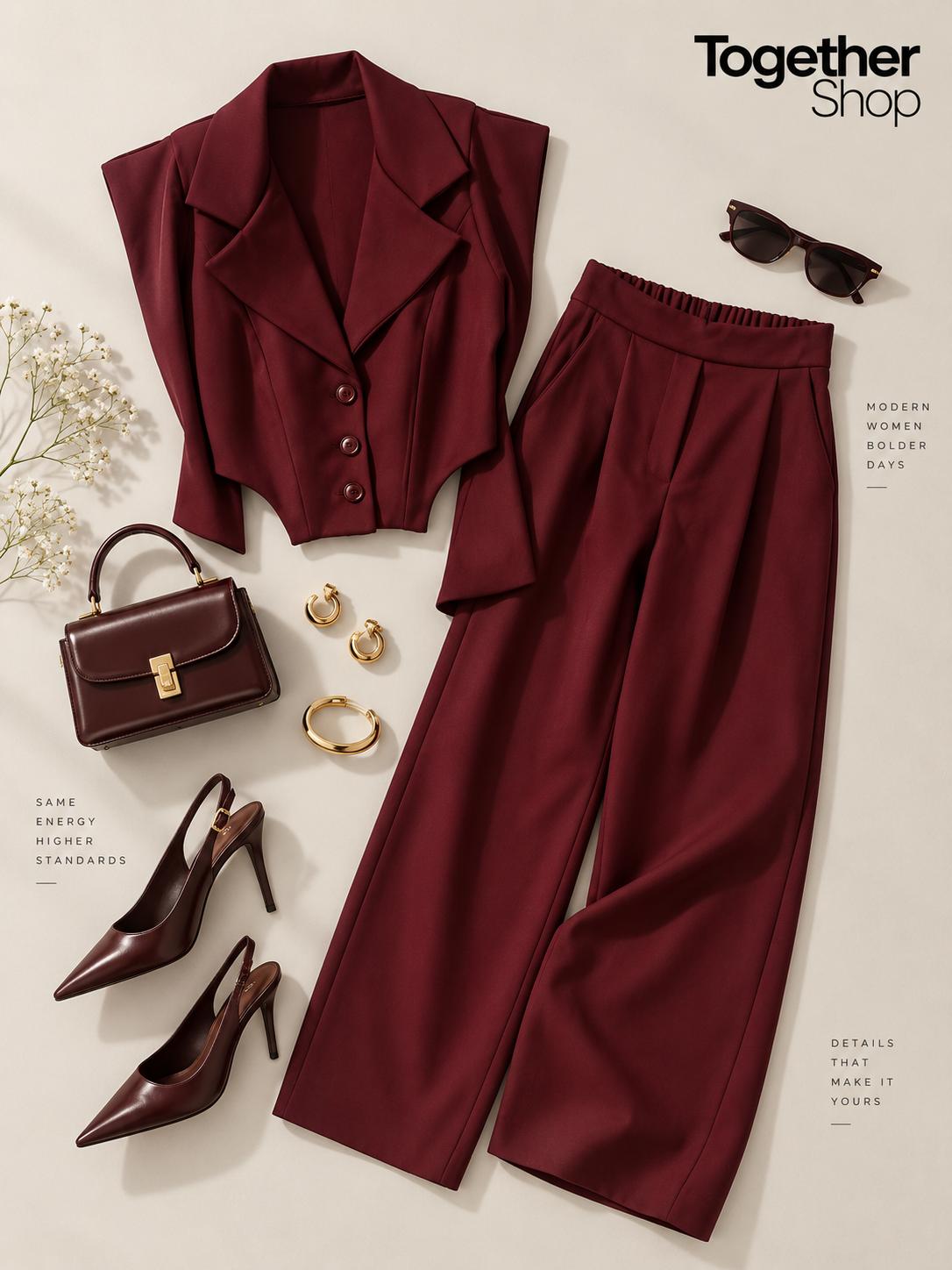 Completo Donna Bordeaux con Blazer e Pantalone Palazzo