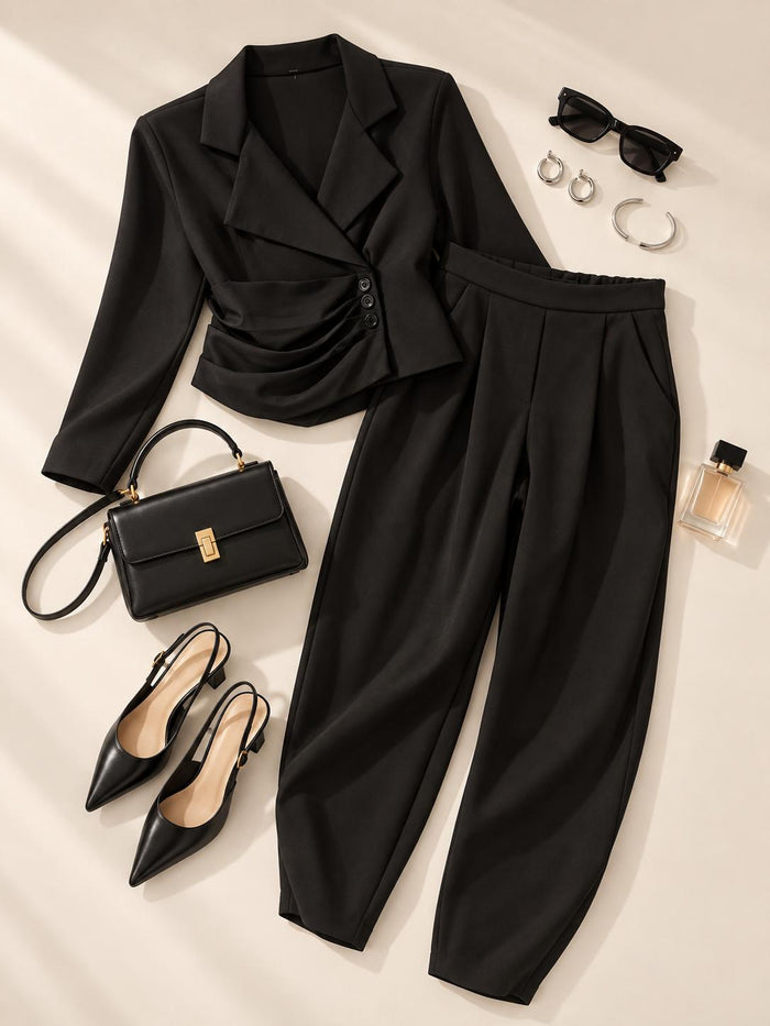 Completo Donna Nero con Blazer Drappeggiato e Pantalone Palazzo