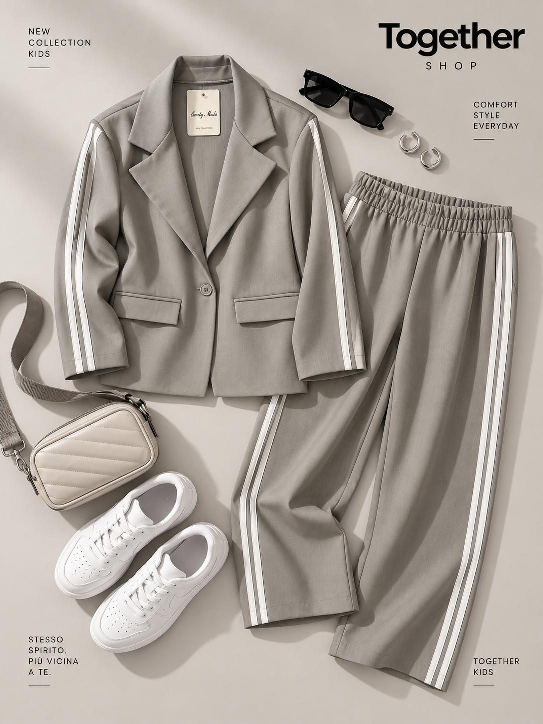 Completo Donna Grigio con Blazer e Pantalone a Bande Bianche
