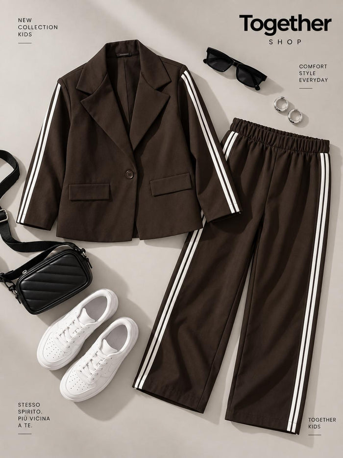 Completo Donna Marrone con Blazer e Pantalone a Bande Bianche